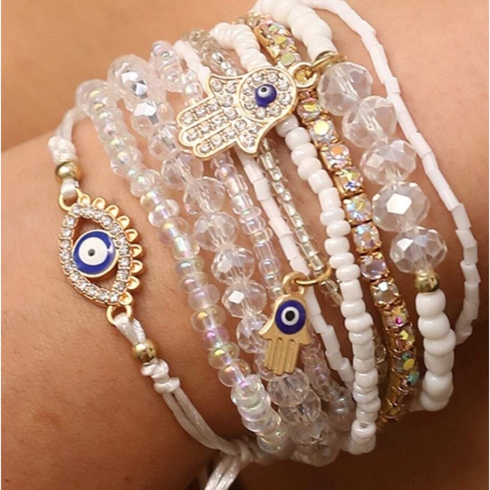 White Hamsa / Fatima / Evil Eye Bracelet